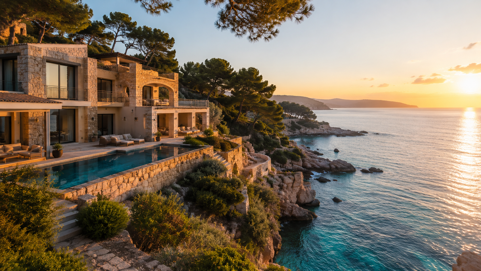Villa with pool overlooking the Mediterranean coast at golden hour