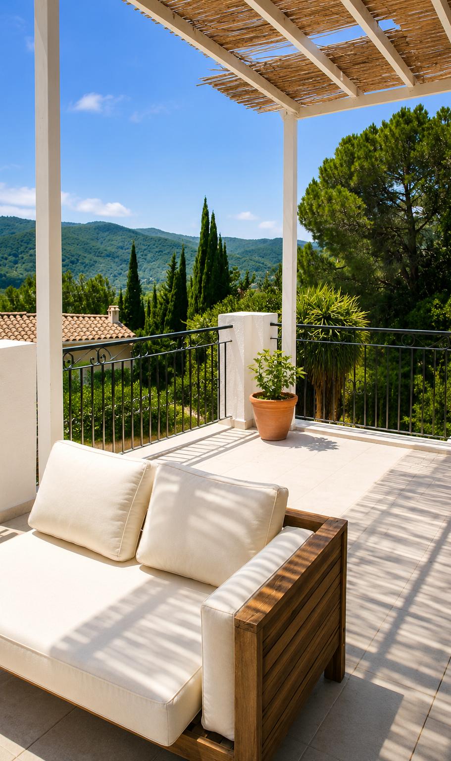 Covered terrace lounge with garden views