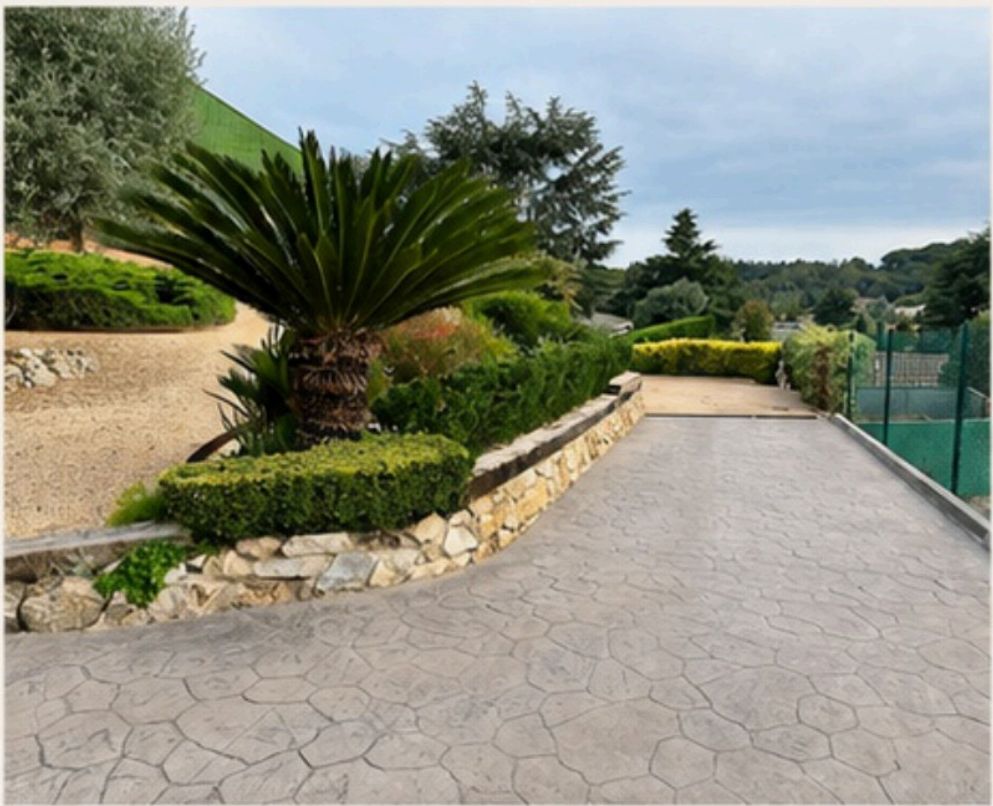 Landscaped private driveway leading to the villa